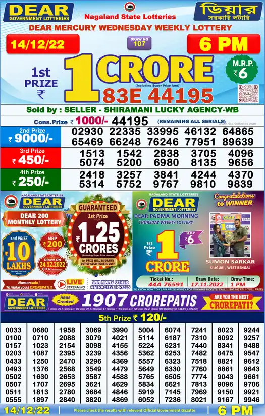 Lottery Sambad 6 PM result 14 Dec 2022