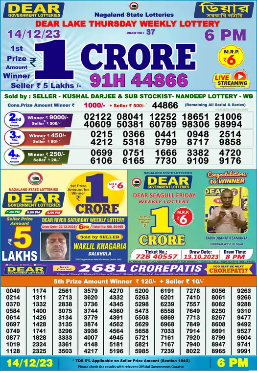 Lottery Sambad 6 PM result 14 Dec 2023