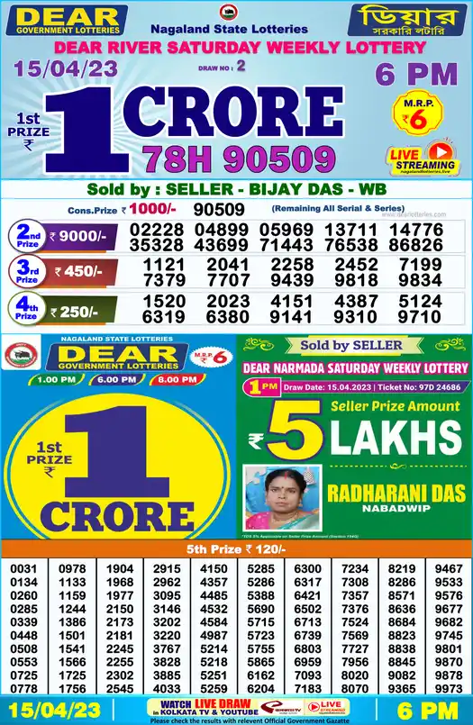 Lottery Sambad 6 PM result 15 Apr 2023