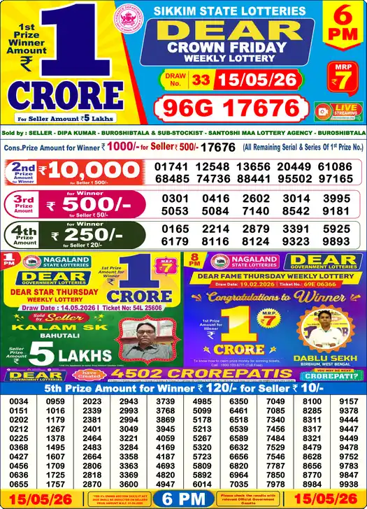 Lottery Sambad 6 PM result 15 May 2026