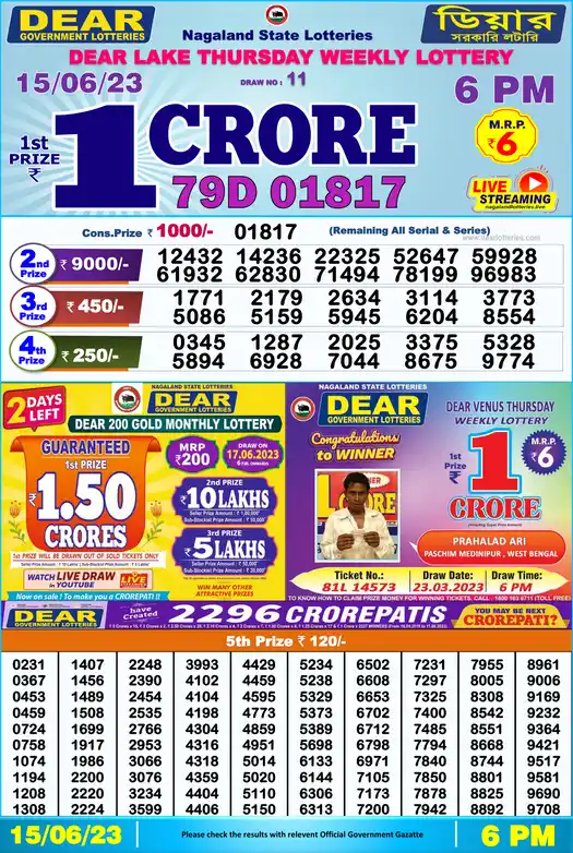 Lottery Sambad 6 PM result 15 Jun 2023