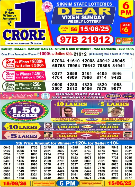Lottery Sambad 6 PM result 15 Jun 2025