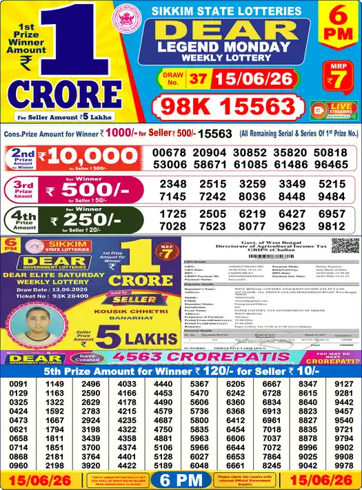 Lottery Sambad 6 PM result 15 Jun 2026