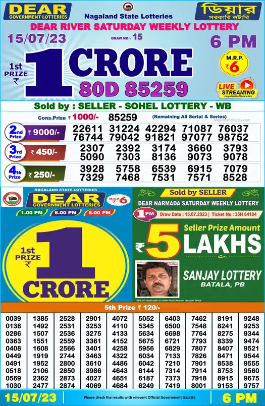 Lottery Sambad 6 PM result 15 Jul 2023