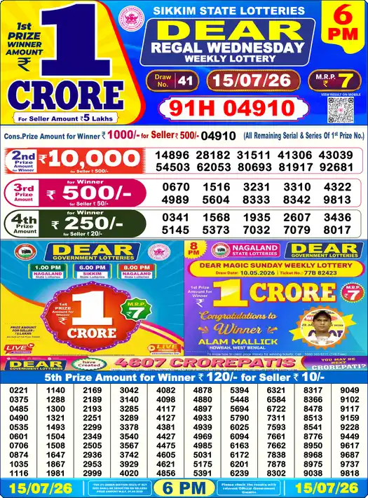 Lottery Sambad 6 PM result 15 Jul 2026