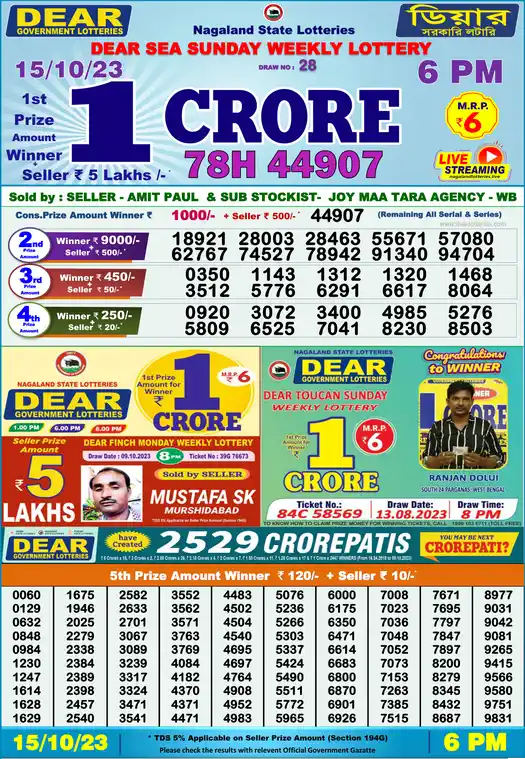 Lottery Sambad 6 PM result 15 Oct 2023