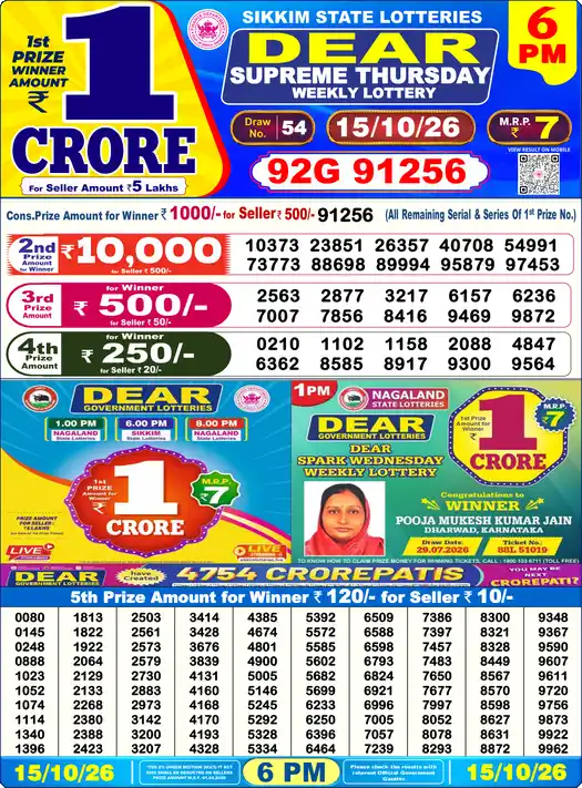 Lottery Sambad 6 PM result 15 Oct 2026