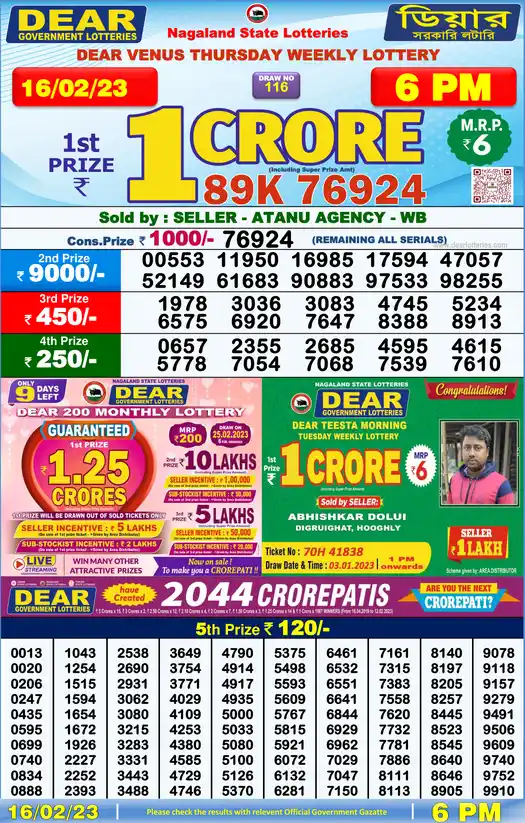 Lottery Sambad 6 PM result 16 Feb 2023