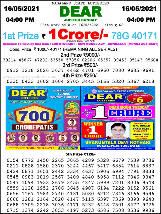 Lottery Sambad 6 PM result 16 May 2021