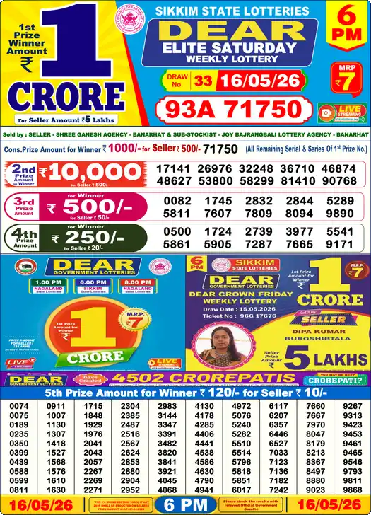 Lottery Sambad 6 PM result 16 May 2026