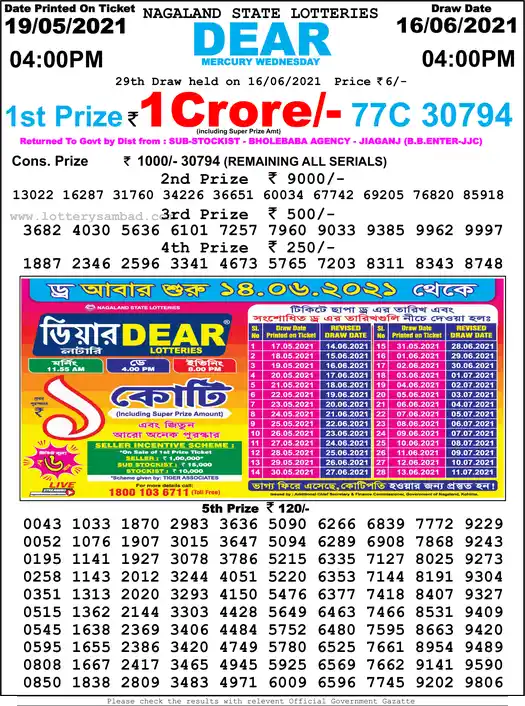 Lottery Sambad 6 PM result 16 Jun 2021