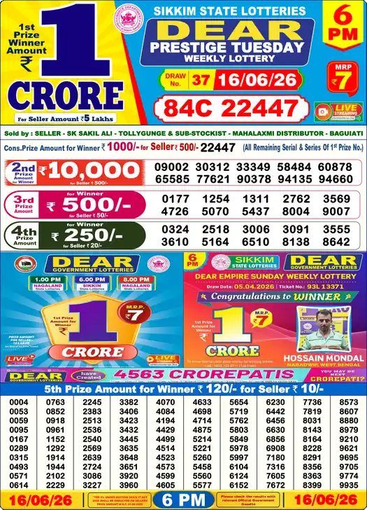 Lottery Sambad 6 PM result 16 Jun 2026