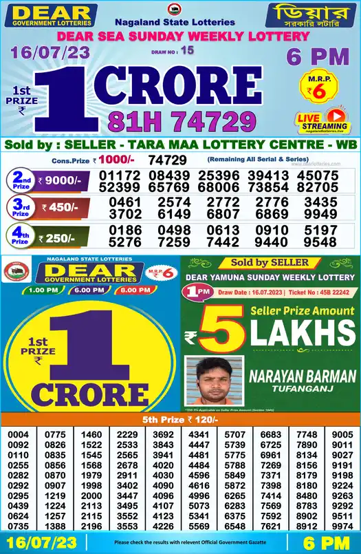 Lottery Sambad 6 PM result 16 Jul 2023