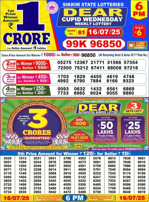 Lottery Sambad 6 PM result 16 Jul 2025