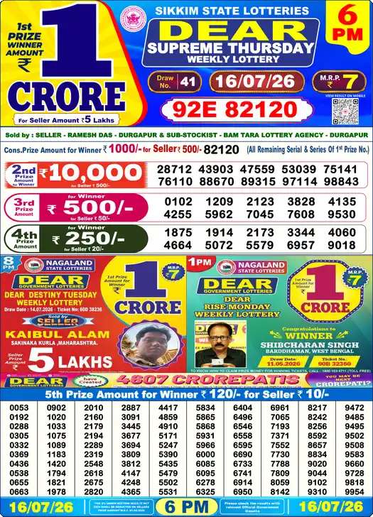 Lottery Sambad 6 PM result 16 Jul 2026