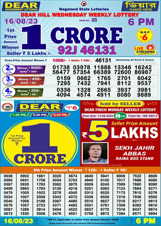 Lottery Sambad 6 PM result 16 Aug 2023