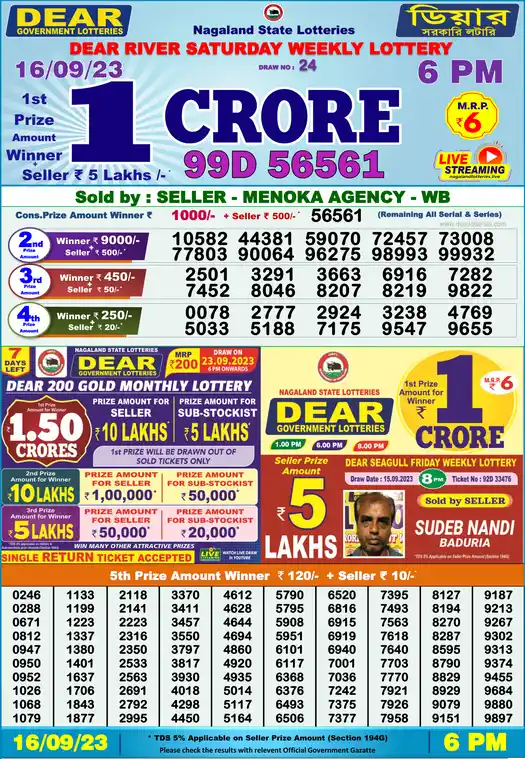 Lottery Sambad 6 PM result 16 Sep 2023