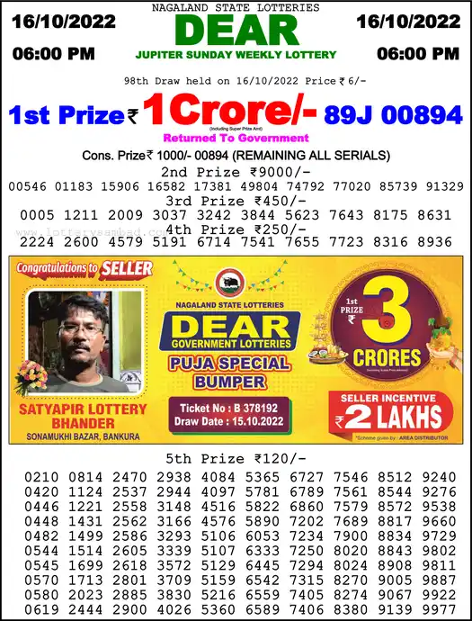 Lottery Sambad 6 PM result 16 Oct 2022