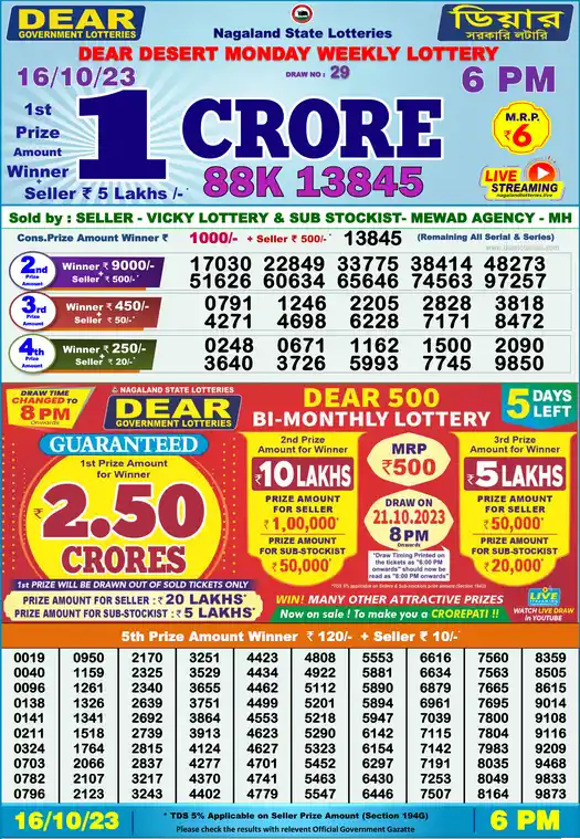 Lottery Sambad 6 PM result 16 Oct 2023
