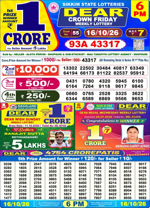Lottery Sambad 16.10.26 – Dear Lottery Result