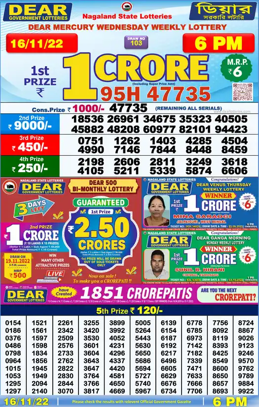 Lottery Sambad 6 PM result 16 Nov 2022