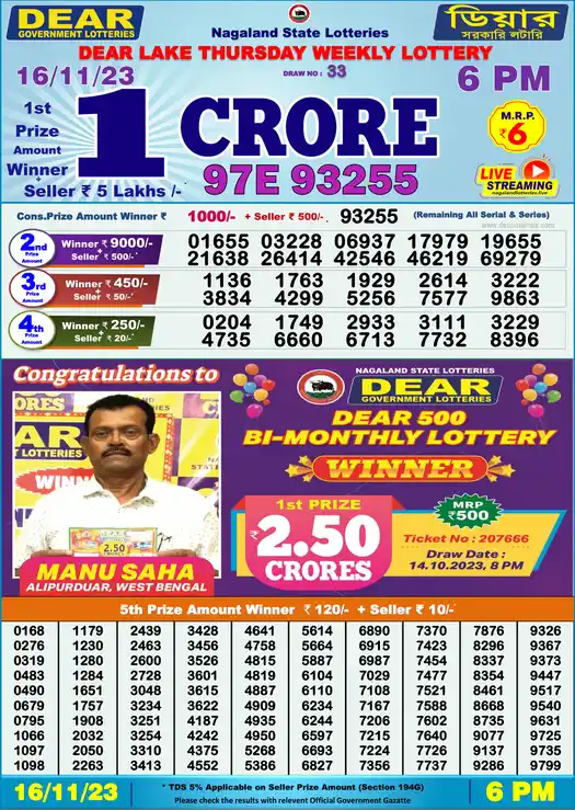 Lottery Sambad 6 PM result 16 Nov 2023