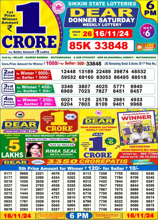 Lottery Sambad 6 PM result 16 Nov 2024
