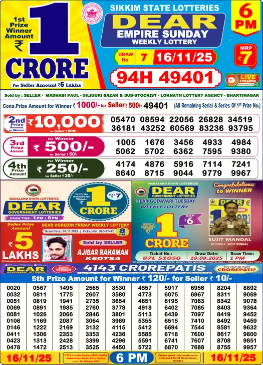 Lottery Sambad 6 PM result 16 Nov 2025