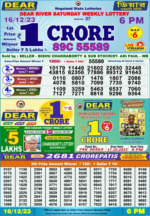 Lottery Sambad 6 PM result 16 Dec 2023