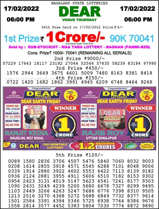 Lottery Sambad 6 PM result 17 Feb 2022