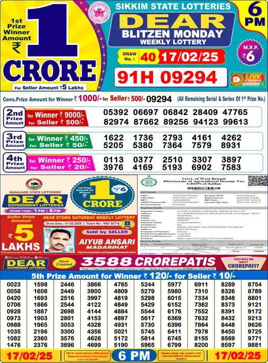 Lottery Sambad 6 PM result 17 Feb 2025