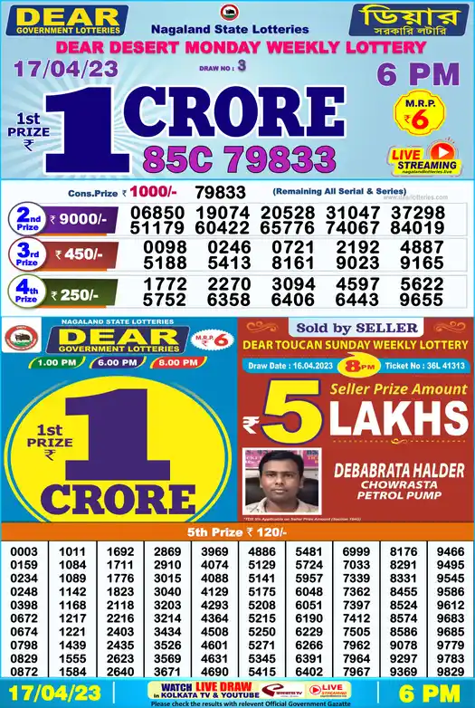 Lottery Sambad 6 PM result 17 Apr 2023