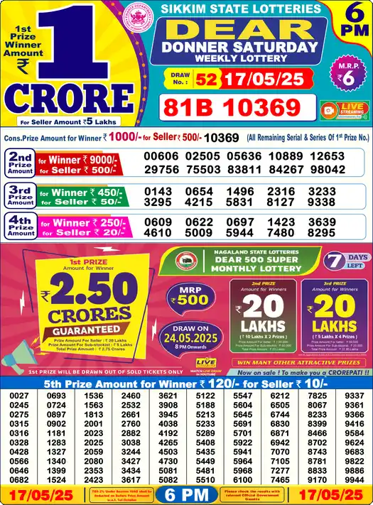 Lottery Sambad 6 PM result 17 May 2025