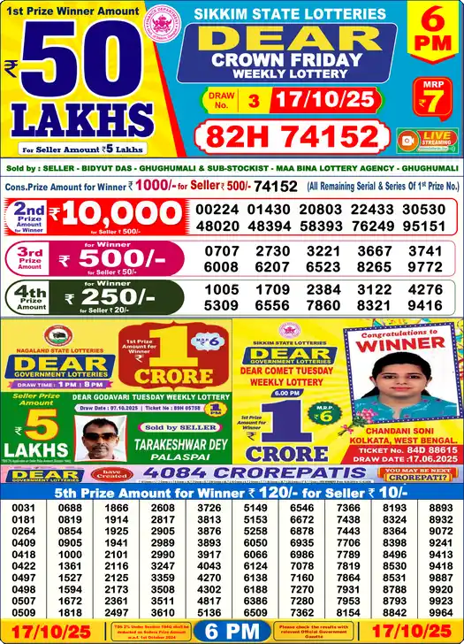 Lottery Sambad 6 PM result 17 Oct 2025