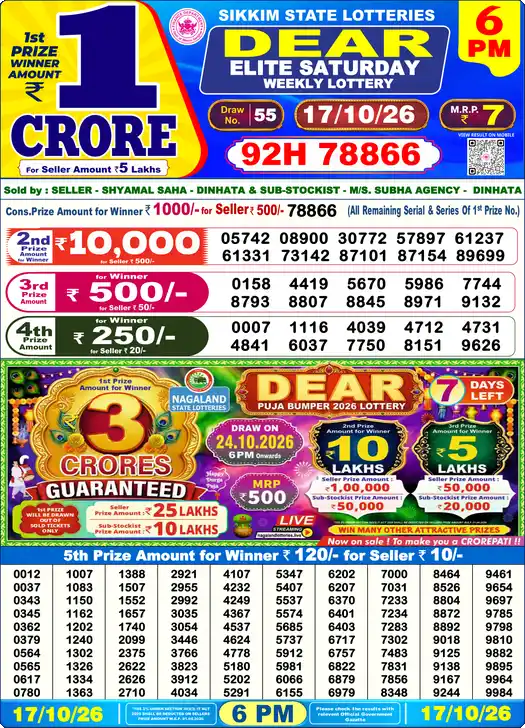 Lottery Sambad 6 PM result 17 Oct 2026