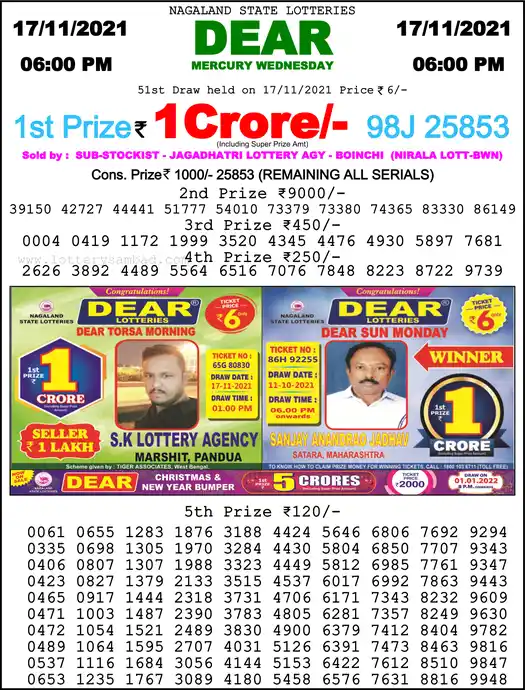 Lottery Sambad 6 PM result 17 Nov 2021