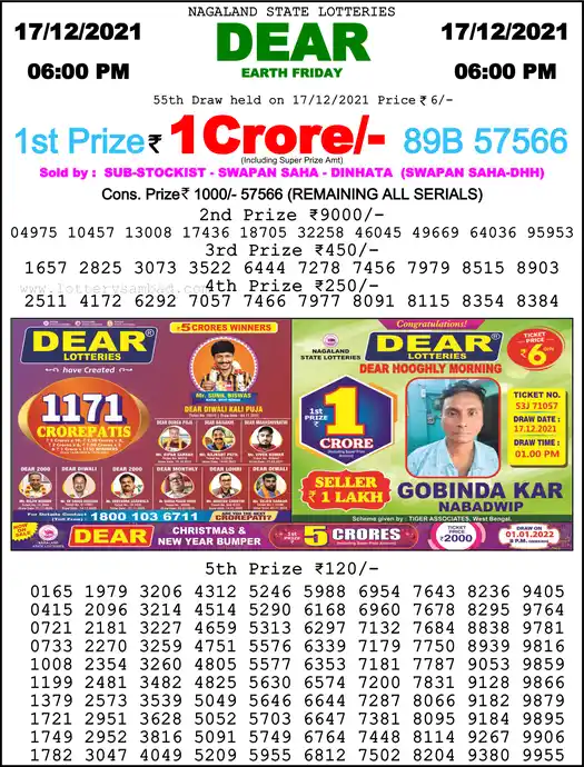 Lottery Sambad 6 PM result 17 Dec 2021
