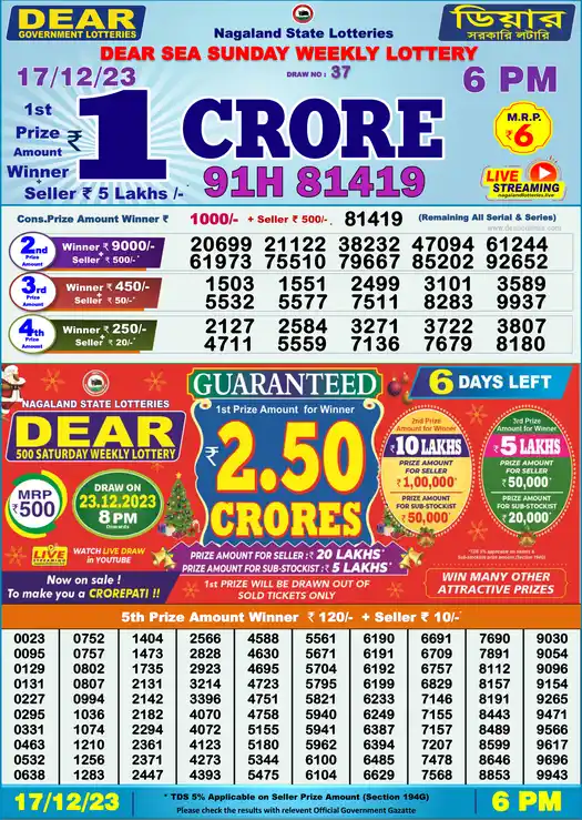Lottery Sambad 6 PM result 17 Dec 2023