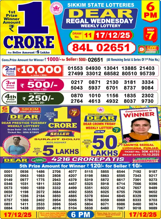 Lottery Sambad 6 PM result 17 Dec 2025