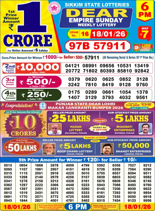 Lottery Sambad 6 PM result 18 Jan 2026