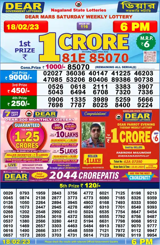 Lottery Sambad 6 PM result 18 Feb 2023