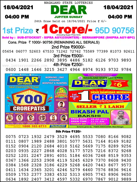 Lottery Sambad 6 PM result 18 Apr 2021