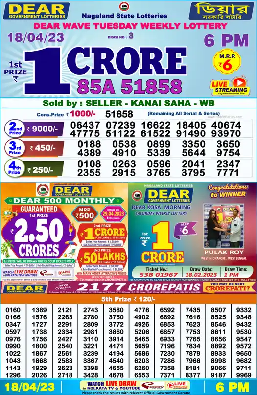 Lottery Sambad 6 PM result 18 Apr 2023