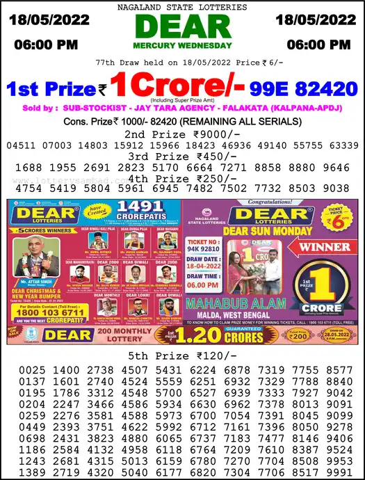 Lottery Sambad 6 PM result 18 May 2022