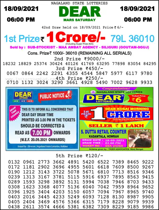 Lottery Sambad 6 PM result 18 Sep 2021