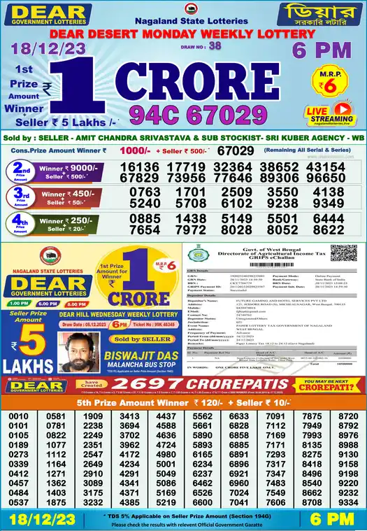 Lottery Sambad 6 PM result 18 Dec 2023