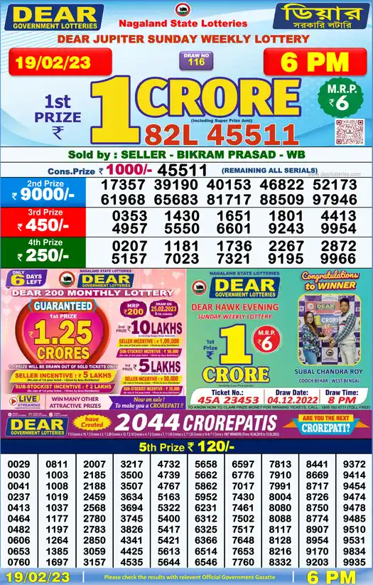 Lottery Sambad 6 PM result 19 Feb 2023