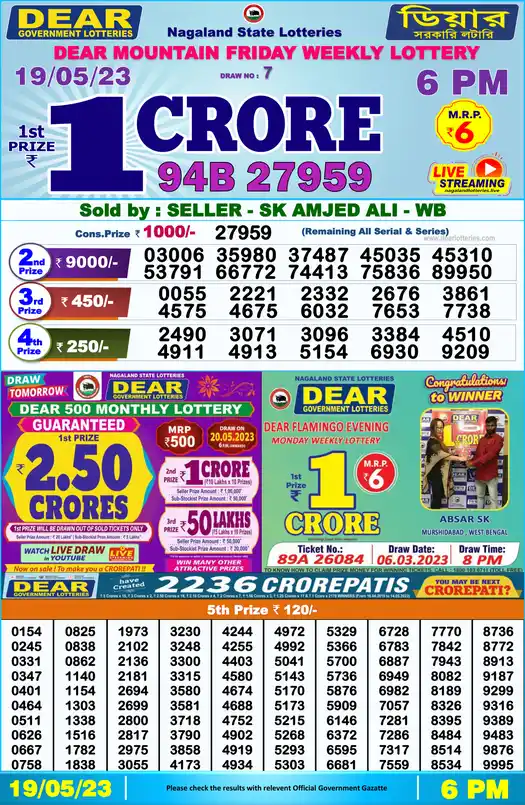 Lottery Sambad 6 PM result 19 May 2023