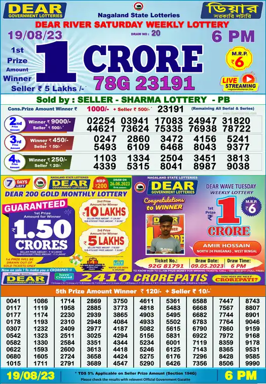 Lottery Sambad 6 PM result 19 Aug 2023