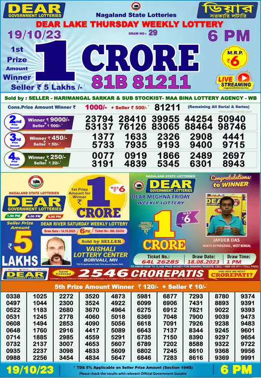 Lottery Sambad 6 PM result 19 Oct 2023